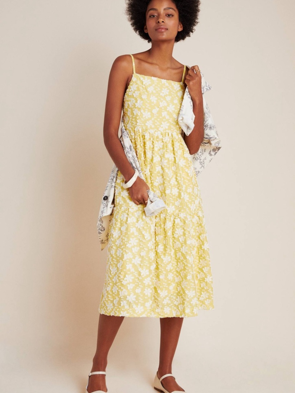 Maeve Size 0 Yellow and White Rhonda Textured Floral Midi Dress